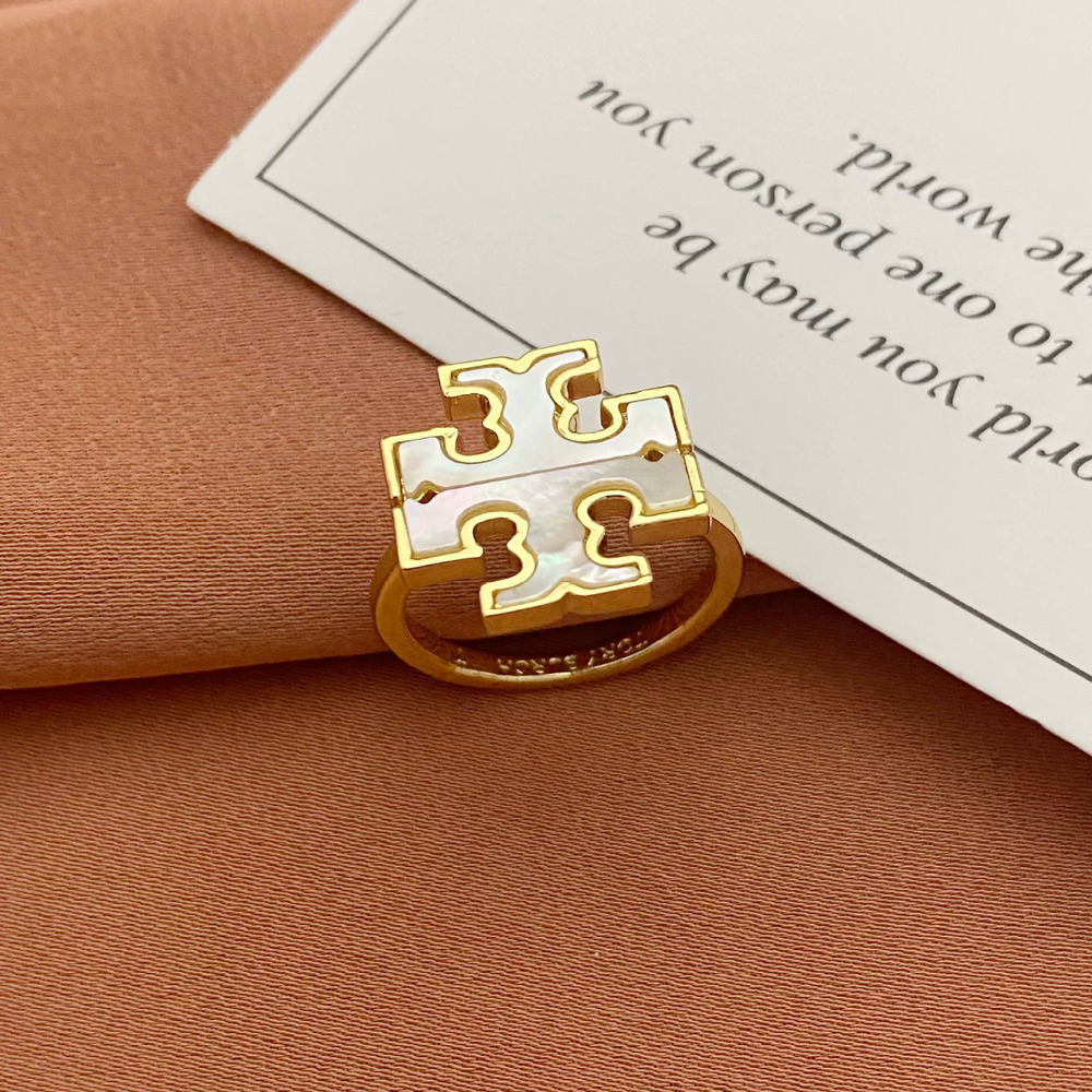 Tory Burch Shell Inlay Letter Ring Metal Band - Picture 3 of 6